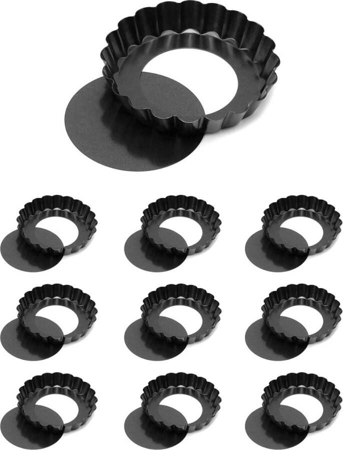 10 stuks taartvormen Ø 10 cm met hefbodem mini-tartelette vormpjes quichevorm van voedselveilig koolstofstaal met antiaanbaklaag