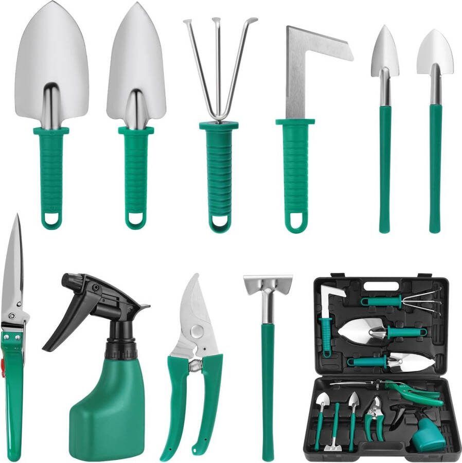 10 stuks tuingereedschapsset met troffel verplantenmachine hark tuinschaar scheppen en waterspuitfles