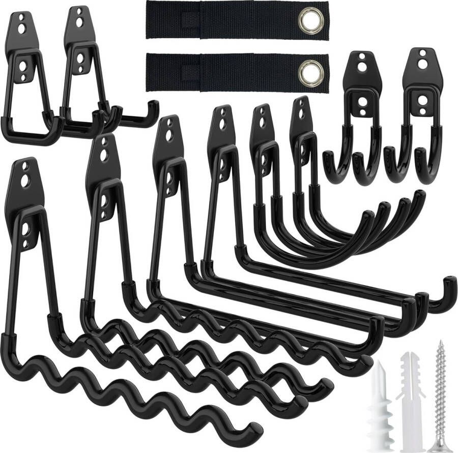 10 stuks wandhaken garage en 2 kabelbinders garagehaken opslag dubbele haken gereedschapshouder voor gereedschap fietsen ladder stoel (zwart)