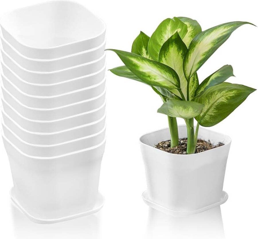 10 stuks witte bloempotten kleine vierkante plantenpotten met schotels kunststof bloempotten moderne kweekpotten vierkante pot plantenpot bloempot voor planten balkon (9 x 9 x 8 cm)