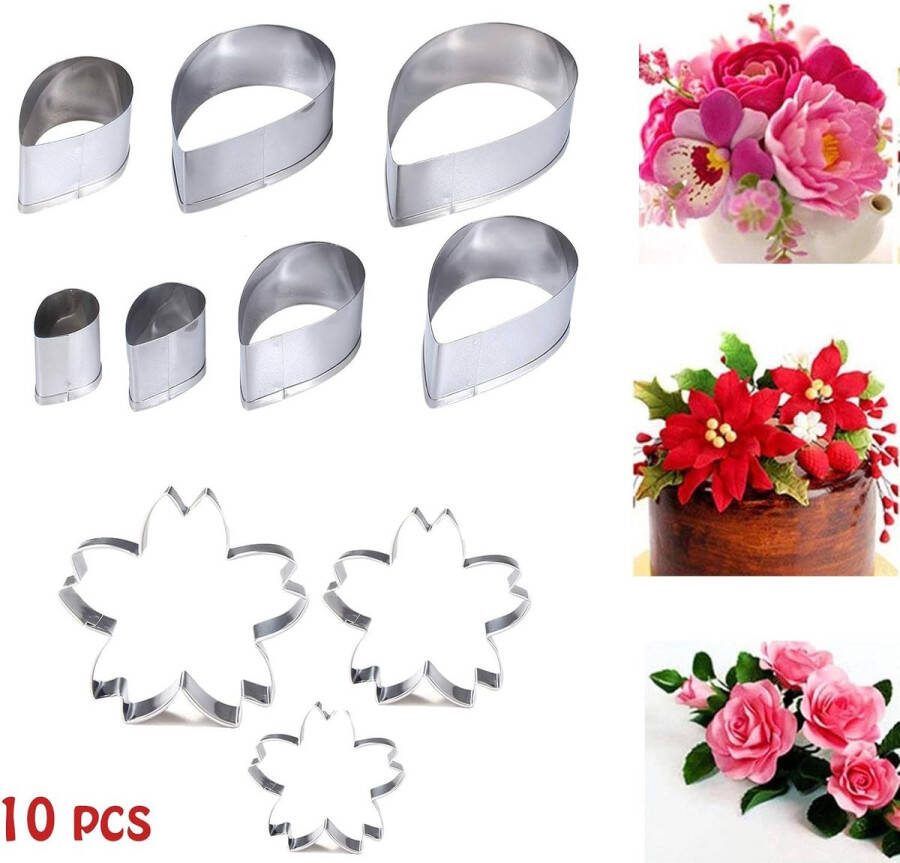 10 Stuks Set Roestvrijstalen Cookie Cutter DIY Flower Cookie Cutter Kerst Koekjes Uitstekers Roos Fondant Bakvorm Kerst Cookie Cutter Kersebloesem Zilver Voor Het Maken Taarten Brood Koekjes Chocolade