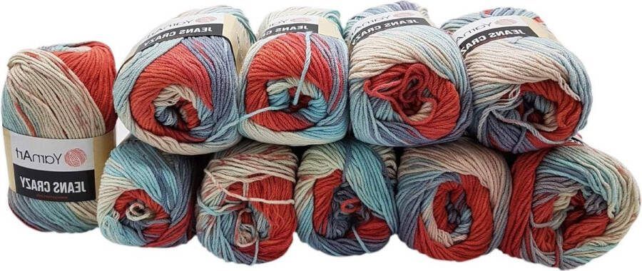 10 x 50 g YarnArt Jeans Crazy 8205 Breiwol Meerkleurig 55% katoen Blauw Rood Roze Lila Oud-Wit