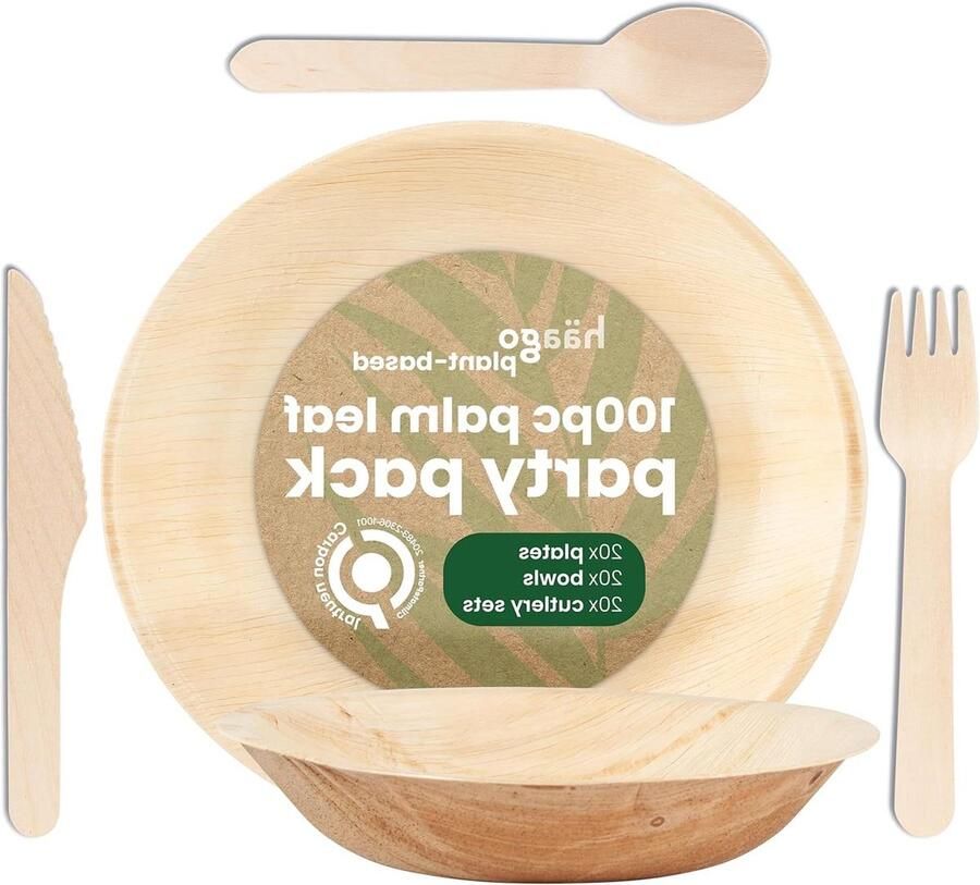 100-delig Palmblad Servies & Houten Bestek Set 20x ronde borden 20 ronde kommen 20x messen 20x vorken 20x lepels Biologisch afbreekbaar Wegwerp Magnetron Veilig