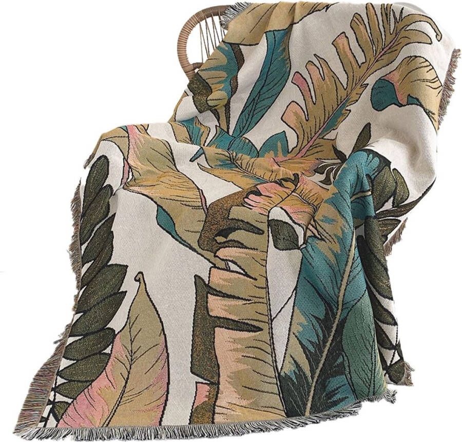 100% katoen boho-bladeren gebreid wollig deken mat wandtapijt 390 g m² zachte Boheemse knuffeldeken voor bed bank woonkamer 130 x 160 cm