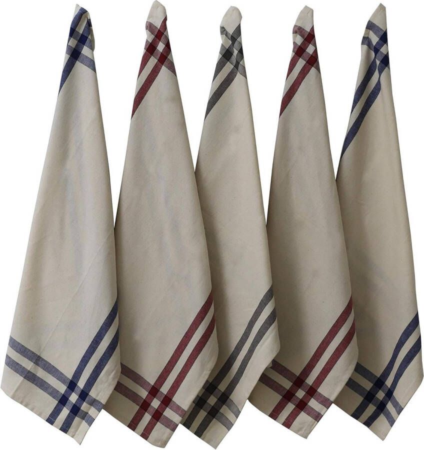 100% Katoenen Theedoeken |Border Stripe Naturel Grijs Navy Bordeaux| Zacht en Duurzaam Stijlvol en superabsorberend Machinewasbaar 50 x 70 cm