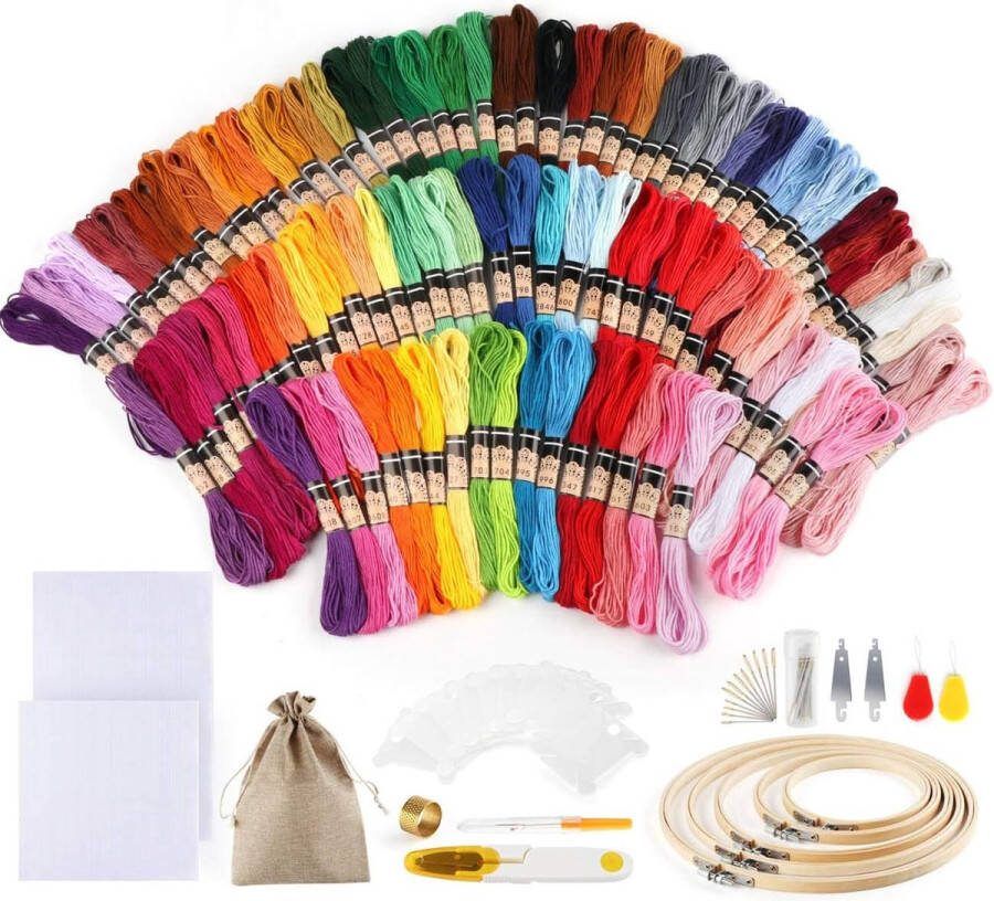 100 kleuren borduurwerk set Kruissteek Starter Kit borduurwerk ambachten FlossEmbroidery Set voor vriendschap linten borduren naaien garens Crochet + 5 stuks bamboe borduurring 2 stuks doek naalden Set