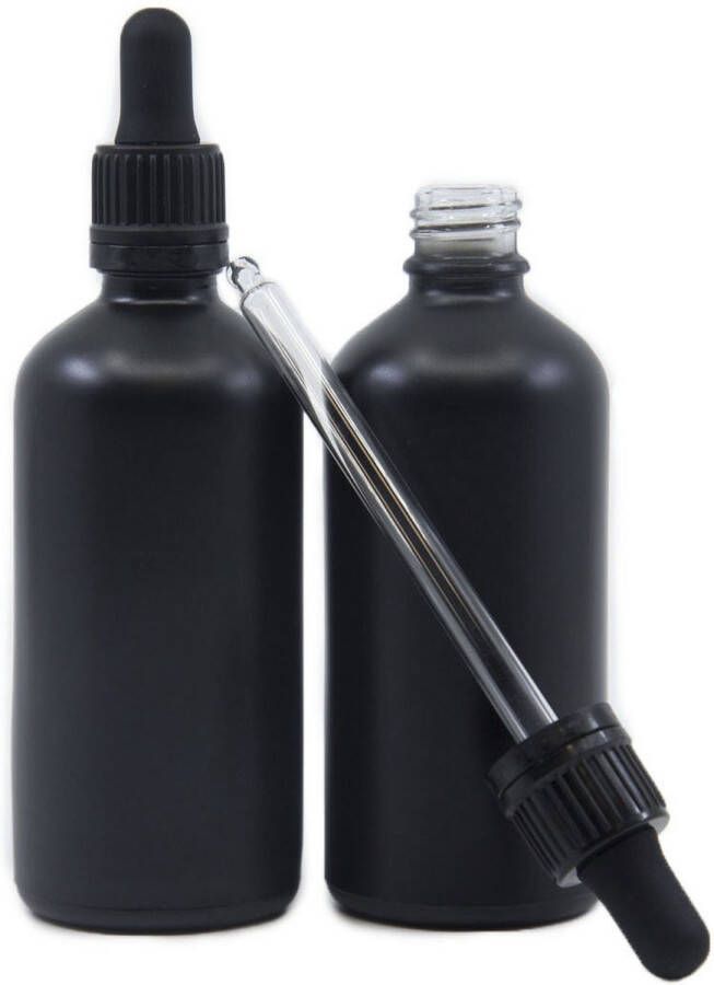 Wehl Commerce 100 ml zwart glazen pipetflesje druppelflesje met glazen pipet druppelaar met zwarte metalen dop voor etherische olie aromatherapie mengsels flesje Mat Zwart