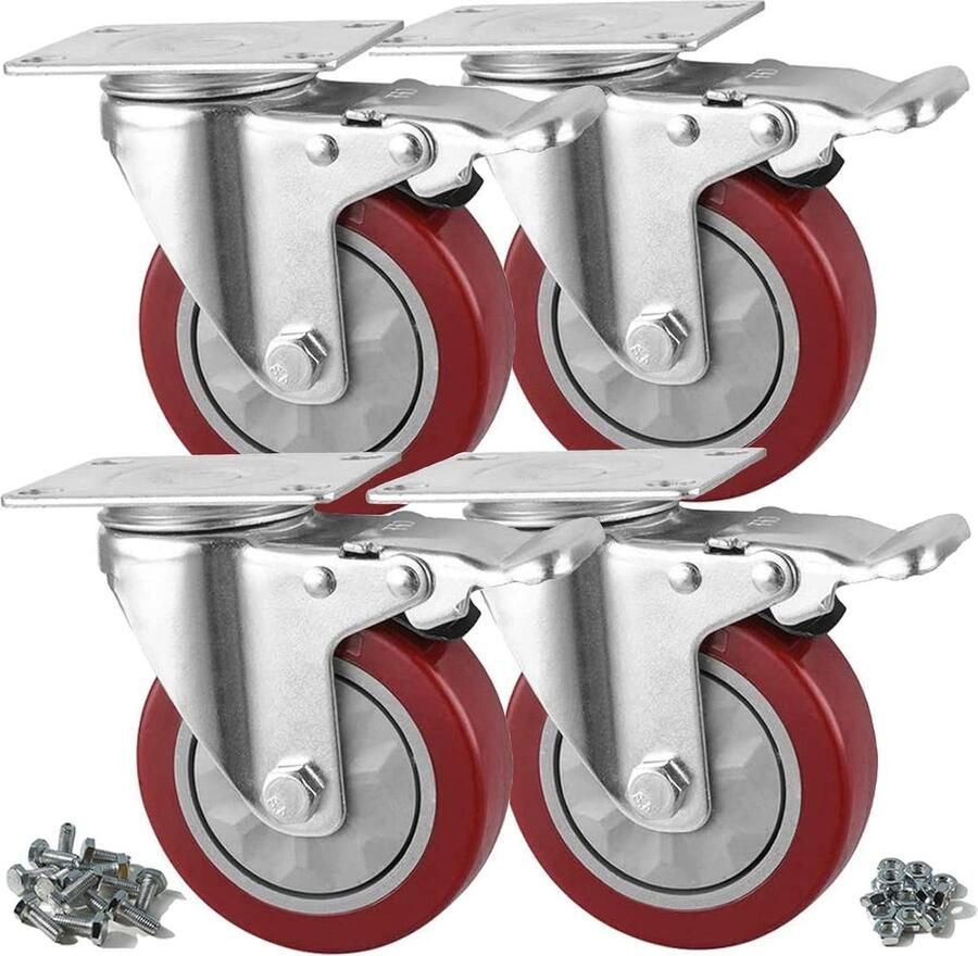 100 mm Draaiwiel met rem 4 wielen voor meubels Industriële platen transport Ondersteunt max. 650 kg Inclusief 16 schroeven