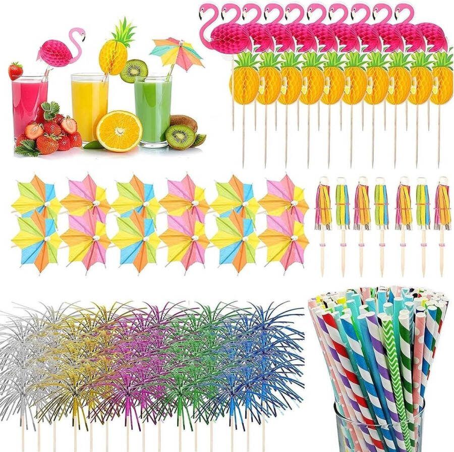 100 stuks cocktaildecoraties voor drankjes papieren paraplu's vuurwerkparaplu sterstokjes rietjes Hawaii tropische feestcocktailaccessoires voor zomer strand verjaardag bruiloft willekeurige