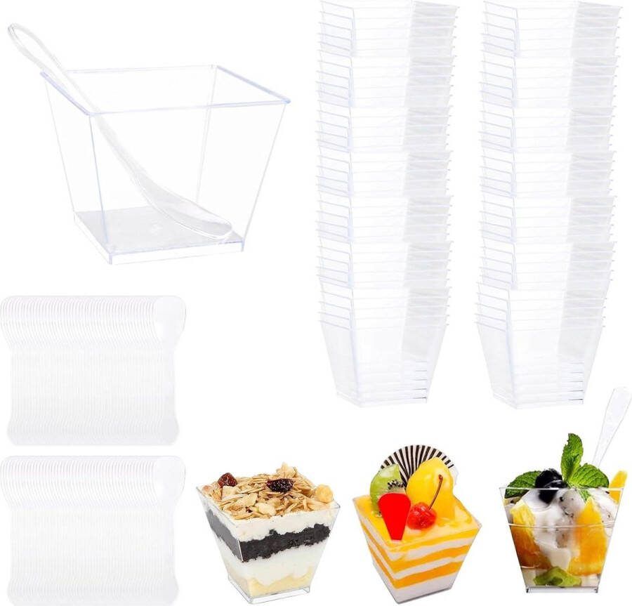 100 stuks dessertglazen plastic 115 ml herbruikbare dessertbekers transparante dessertkommen plastic herbruikbare dessertglazenset pudding ijs dessert feest verjaardag soeplepels