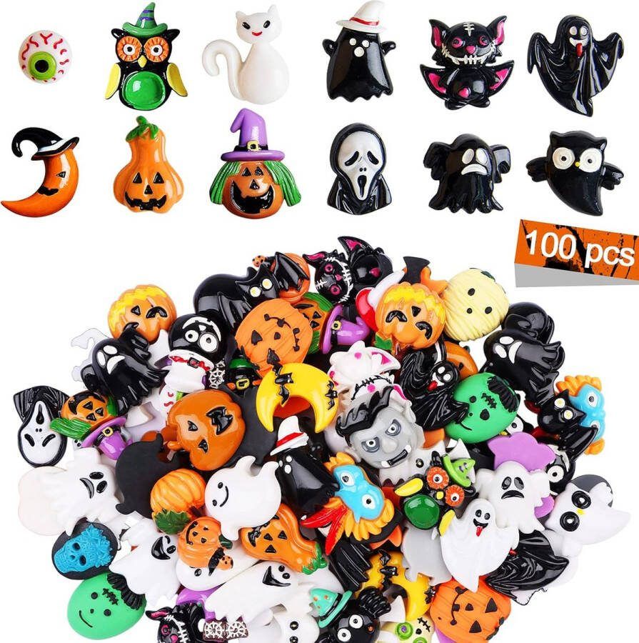 100 Stuks Halloween Slijm Charme Leuke Halloween Flatback Charms Spook Pompoen Hars Ornamenten Kawaii Schedel Slijm Versiering Miniaturen voor DIY Scrapbook Craft Sieraden Maken