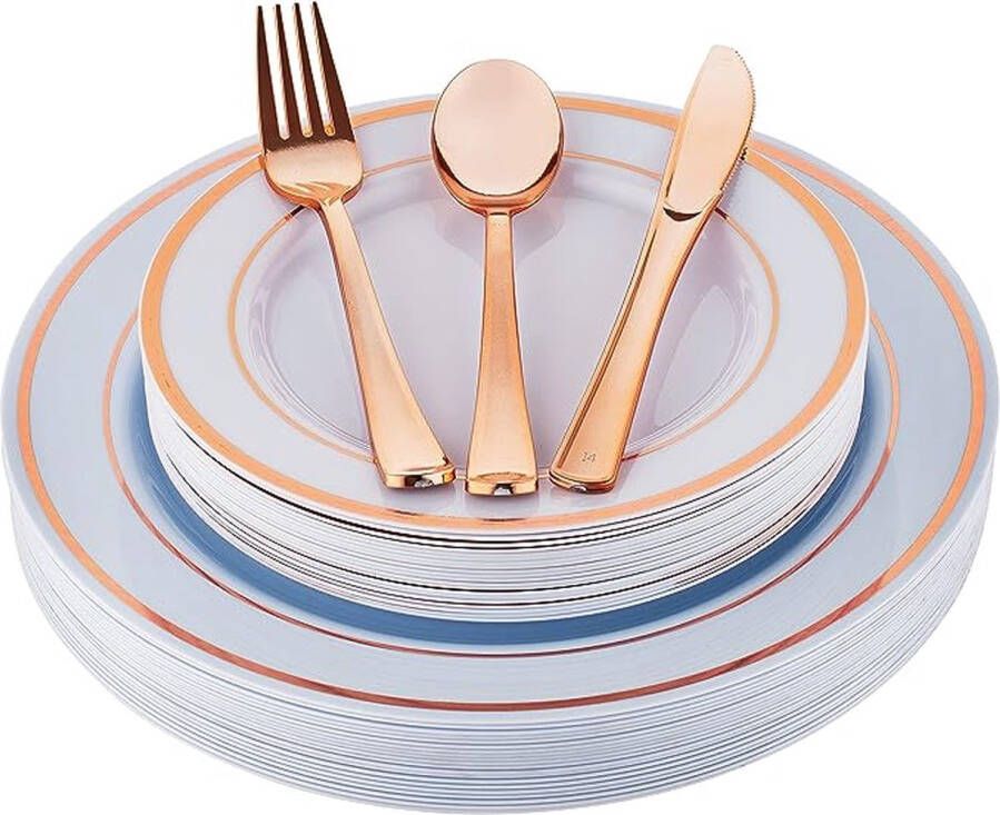 100 stuks roségouden kunststof platen met zilverwerk herbruikbare feestservies sets omvatten: 20 dinerborden 20 slaplaten 20 vorken 20 messen 20 lepels