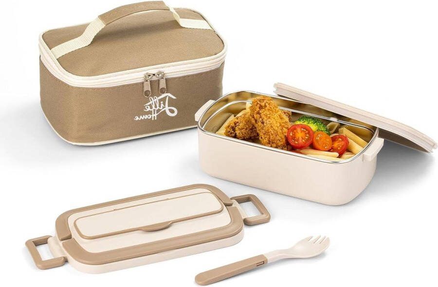 1000 ml Bento lunchbox voor volwassenen en kinderen draagbare roestvrijstalen thermische Tiffin lunchbox geïsoleerde lunchvoedselcontainer met lunchtas en keukengerei Beige