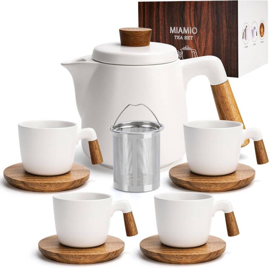 1000 ml keramische theepot set met thee-ei en kopjes theezeef 4 keramische thee mokken (300 ml) bamboe schotels handvat voor thuis en kantoor (Witte)