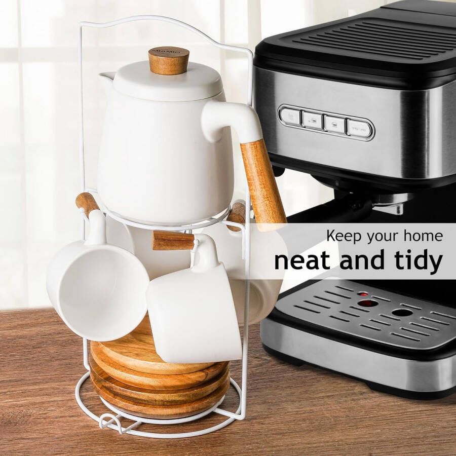 1000 ml keramische theepot set met thee-ei en kopjes theezeef 4 keramische thee mokken (300 ml) bamboe schotels handvat voor thuis en kantoor (Witte met Rek)