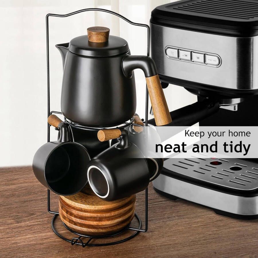 1000 ml keramische theepot set met thee-ei en kopjes theezeef 4 keramische thee mokken (300 ml) bamboe schotels handvat voor thuis en kantoor (Zwarte met Rek)