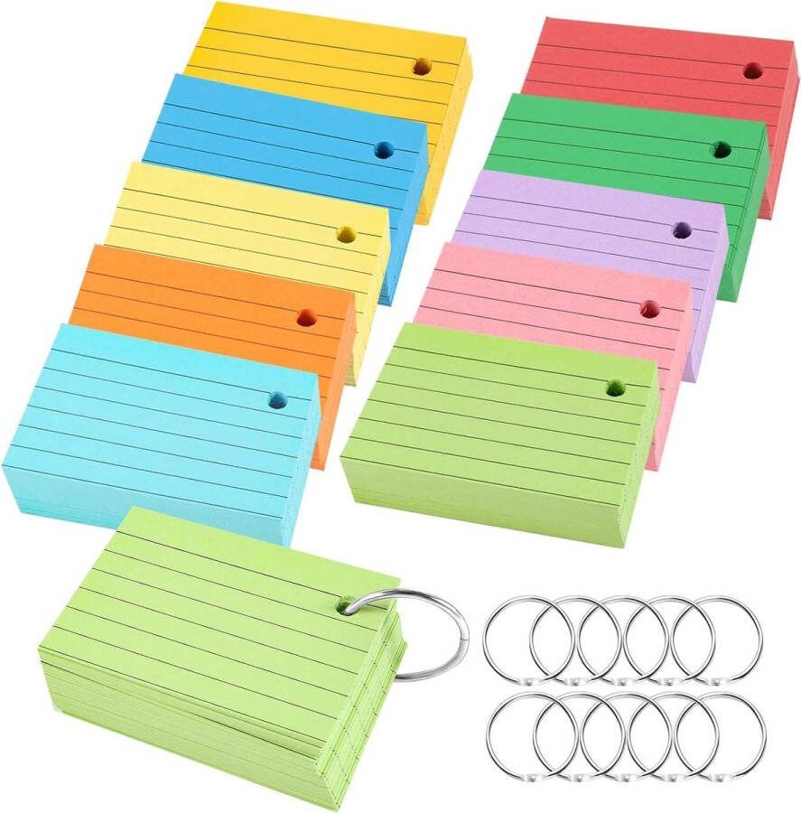 1000 stuks 150 g m² gelinieerde flash cards A8 formaat woordenschat kaarten kleurrijk met 10 ringringen voor onderweg leren notities school kantoor thuis 10 kleuren