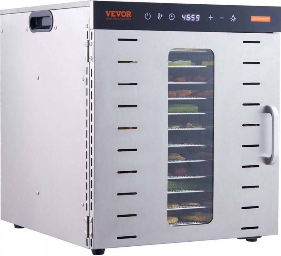 1000 W dehydrator roestvrij staal 300 x 280 mm 10 stuks dienbladen 360° droog dehydrator 30-90? temperatuurregeling 0 5 tot 48 uur timer oververhittingsbeveiliging receptenboekje voor vlees fruit groenten