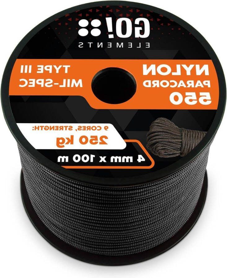 100m Paracord 550 4mm Type III touw van scheurvast nylon waslijnkoord en paracordarmbanden tot 250kg draagkracht Zwart