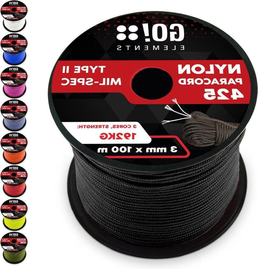 100m Scheurvast Nylon Paracord Touw 3mm Paracord 425 Type II Koorden Outdoor Touw Polsband Hondenriem Overlevings Touw Max. 192kg Zwart