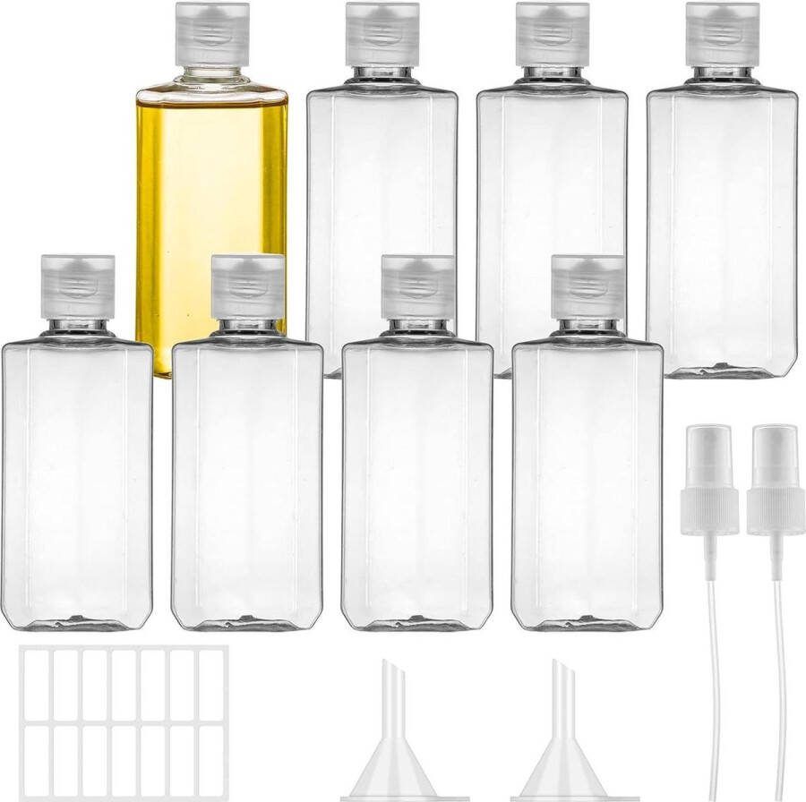 100ml plastic reisflessenset met flipdop transparant 8 stuks met trechter reisflesjes 100ml