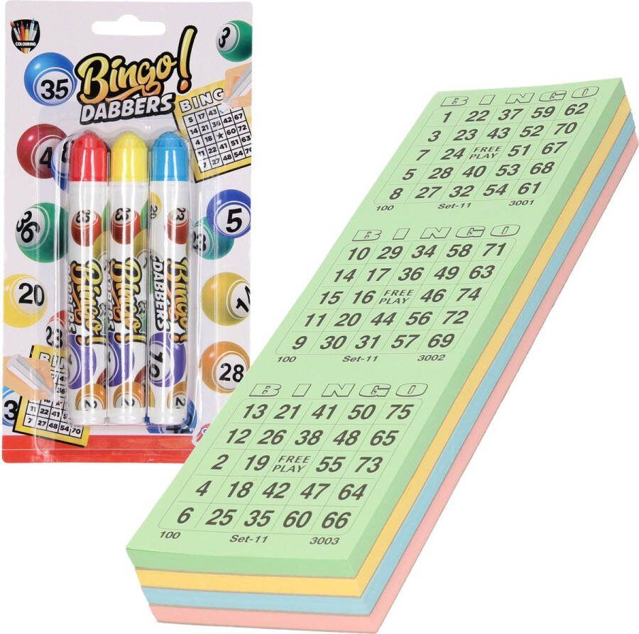 Merkloos Sans marque 100x Bingokaarten nummers 1-75 inclusief 3x bingostiften blauw geel rood