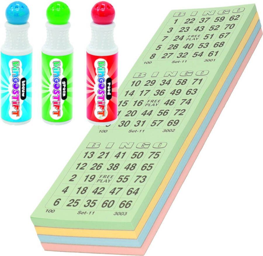 100x Bingokaarten nummers 1-75 inclusief 3x bingostiften blauw groen rood