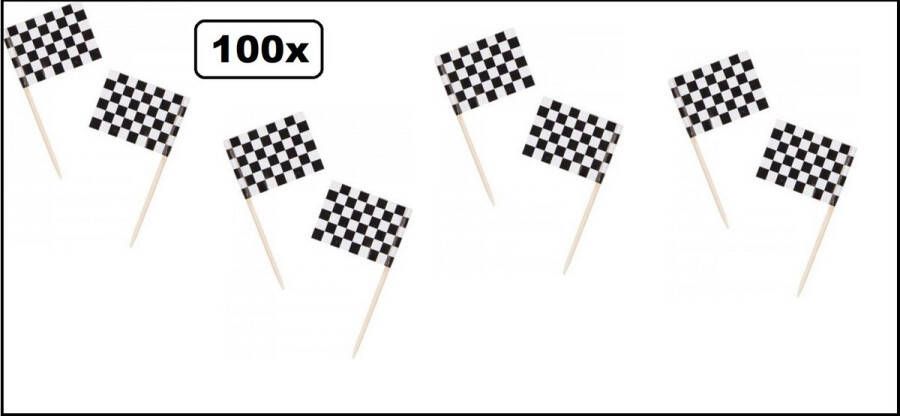 100x Cocktailprikker race zwart wit geblokt Finish thema feest festival race formule 1 party prikkers Zandvoort Spa