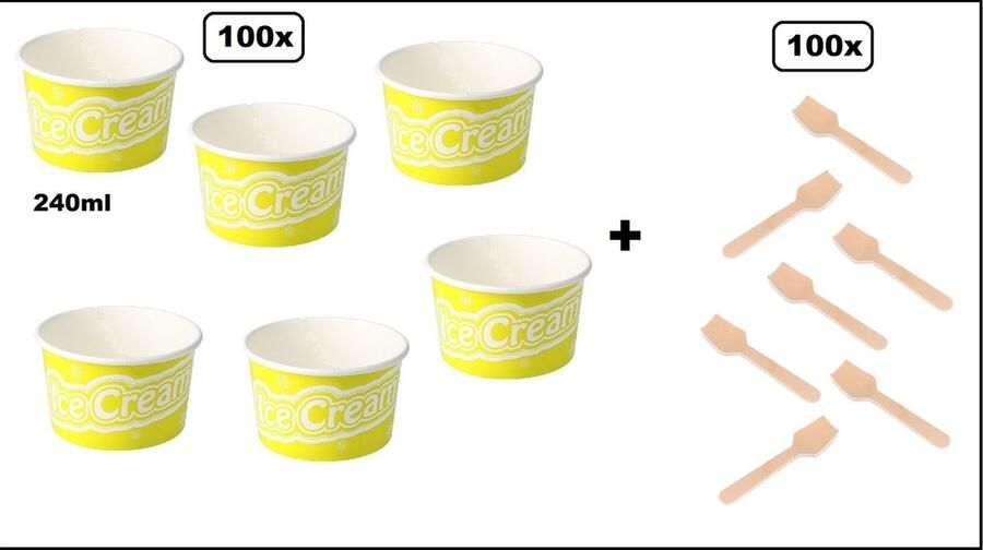 100x IJsbeker IceCream 240ml geel karton + 100x Houten ijslepel schepijs softijs ijsje zomer beker ijs warm weer fun