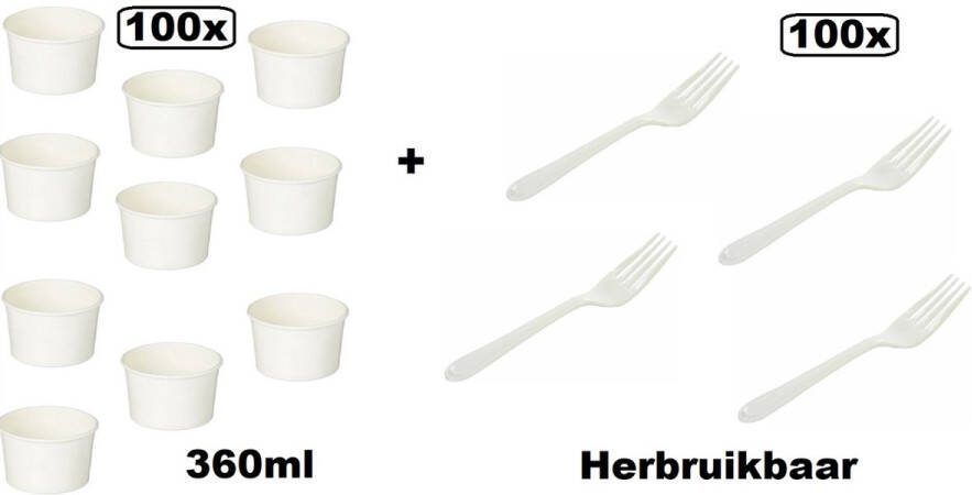 100x Salade beker wit karton 350ml + 100x herbruikbare vork wit Salade beker festival koude maaltijd festival evenement verjaardag thema party