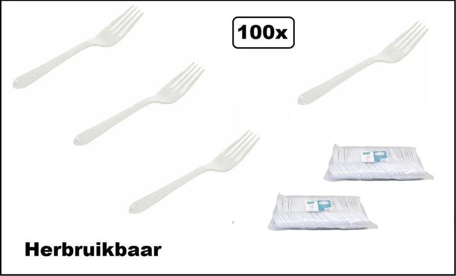 100x Vork Herbruikbaar wit 17cm Vaatwasser proof Salade diner festival thema feest evenement