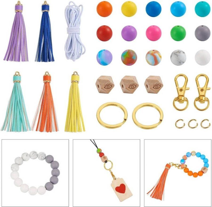 108Pcs Siliconen Kraal Sleutelhangers Bulk Kit 15mm Ronde Siliconen Kralen Rubber Kralen Hout Achthoek Kralen Met Oog Voor Sieraden Maken
