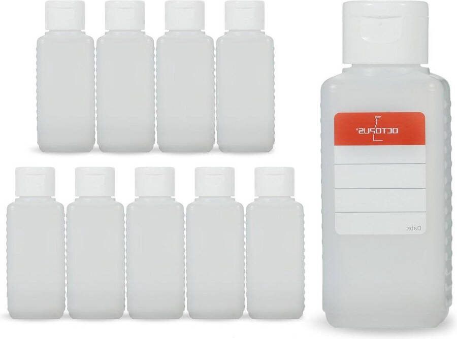 10x 100 ml plastic flessen met witte klapsluiting lege HDPE flessen met scharniersluiting inclusief etiketten reisflesjes 100ml