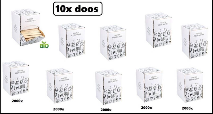 10x Dispenser box BIO Roerstaafjes hout met elk 2000 stuks Roer staafjes koffie melk suiker hout festival thema feest verjaardag werk lepel
