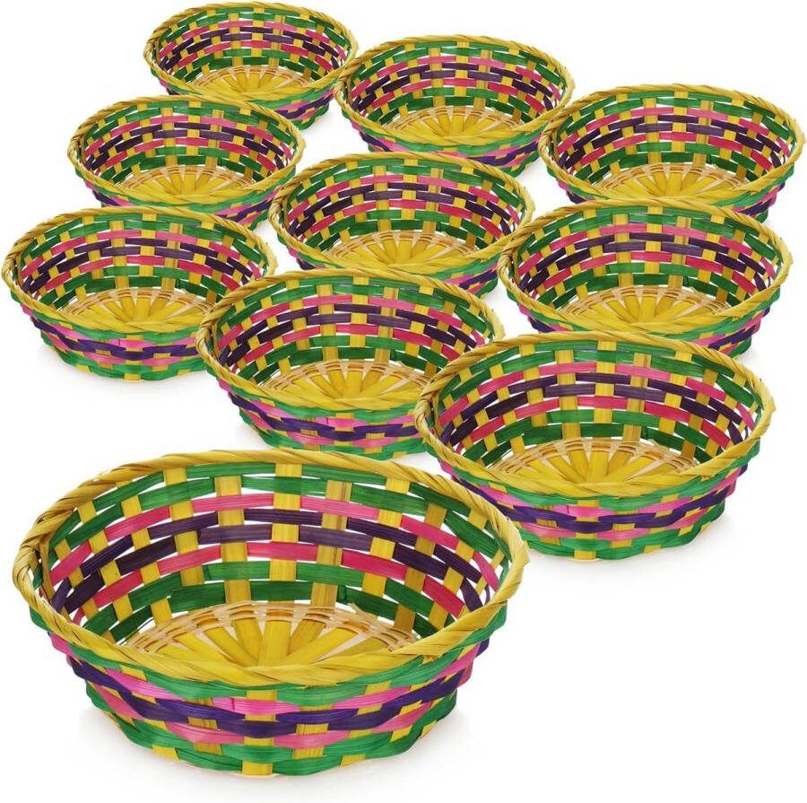10x raffia manden in vrolijke kleuren ter decoratie Paasmand manden voor paaseieren broodjes snacks sleutels Paasdecoraties gekleurde broodmand 010 stuks kleurrijk