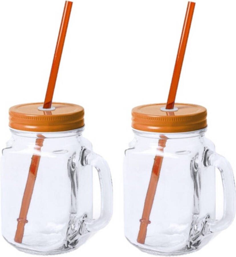 10x stuks Glazen Mason Jar drinkbekers oranje dop en rietje 500 ml afsluitbaar Koningsdag feest supporters fans artikelen