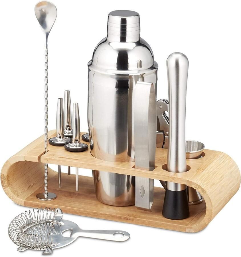 11-delige cocktailset professionele shaker barmaatje zeef tang stamper rvs zilver natuur