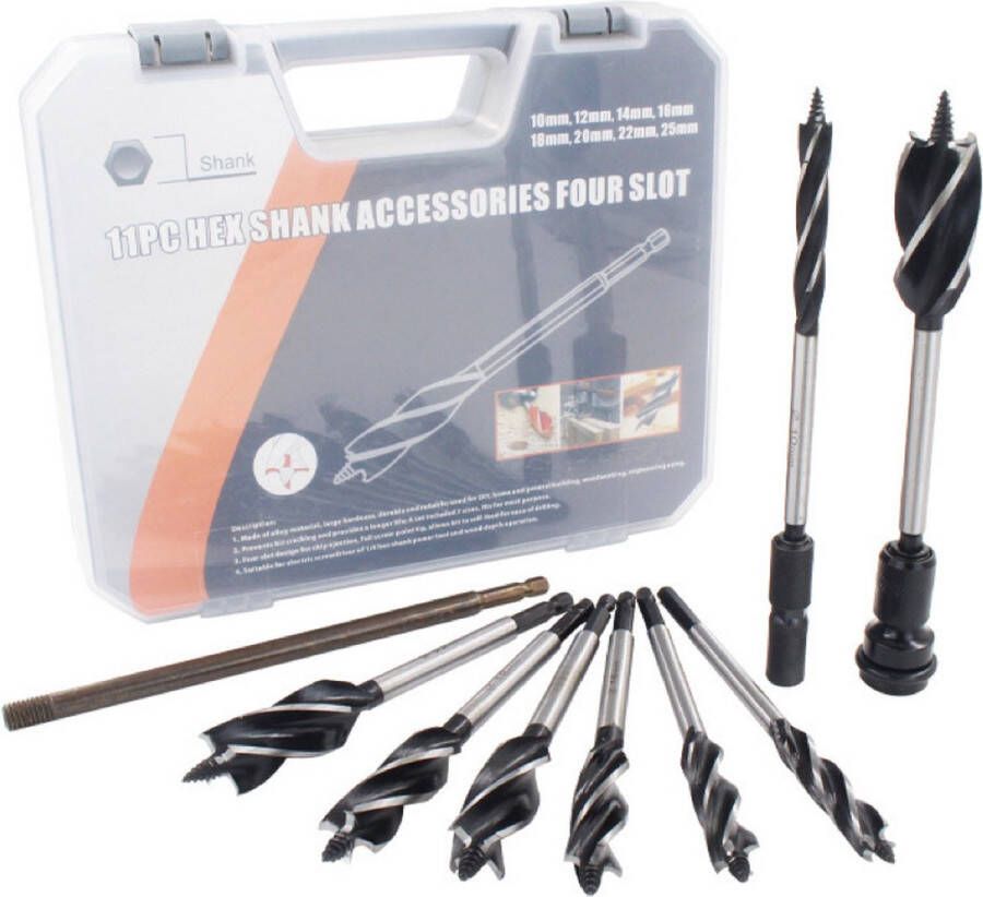 Merkloos Sans marque 11 delige houtborenset Hout Boren Houtboor Borenset HEX aansluiting Zeskantige schacht 6 35mm Grote maten Verlengstaaf Slagmoer adapter