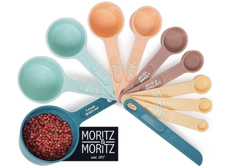 11-delige maatlepelset 1 4 TSP tot 1 Cup stapelbaar maatbeker maatbekers en meetlepels 1 25 240 ml incl. strijkliniaal voor koken en bakken met kinderen (gekleurd)