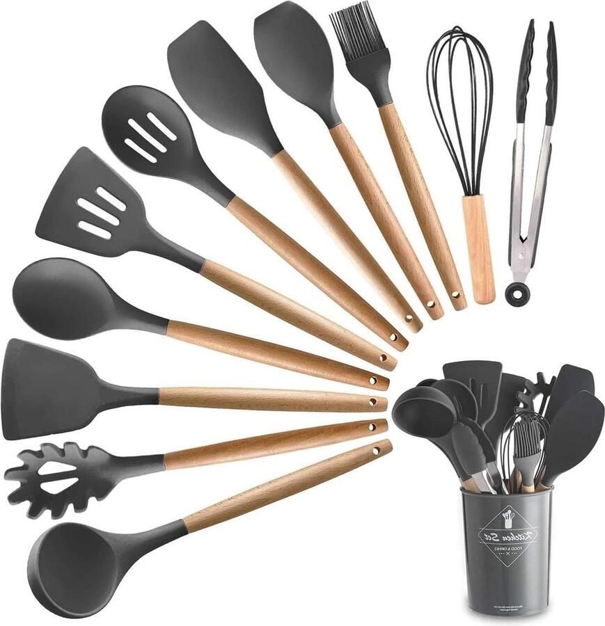 11-delige Premium Houten Handvat Siliconen Keukengerei Set BPA-vrij Grijs Voedseltang Schrapers Serveerlepel Spaghetti Server Ei Garde Slotted Lepel