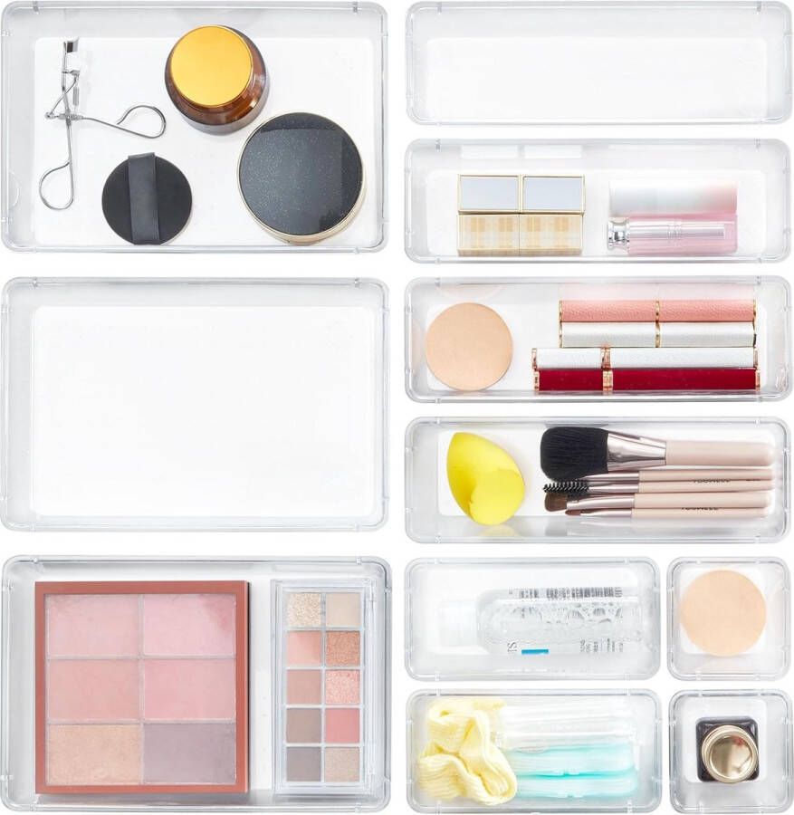 11 Stuks Lade Organizer Set Doorzichtig Plastic Bureau Lade Verdelers Trays Dressoir Opbergbakken Scheidingsdoos voor Make-up Sieraden en Gadgets Slaapkamer Badkamer Kantoor
