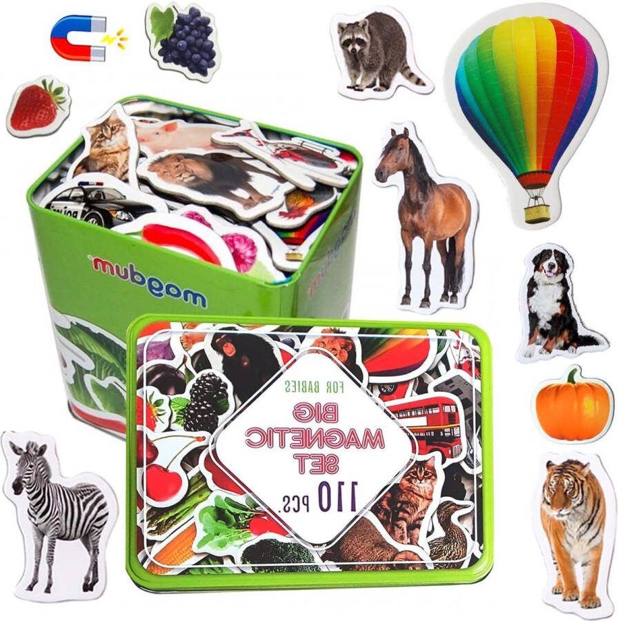 110 Photo Set Educational Toys Animal Fruits Vegetable Transport in Tin Box Realistic Magnetic Toys for 3-Year-Olds Learn Animals Fridge Magnets for Toddlers