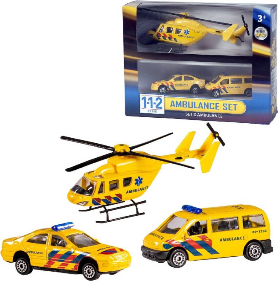 Speelgoed 112 ambulance set 3-delig helikopter 16 cm en autos 7 cm