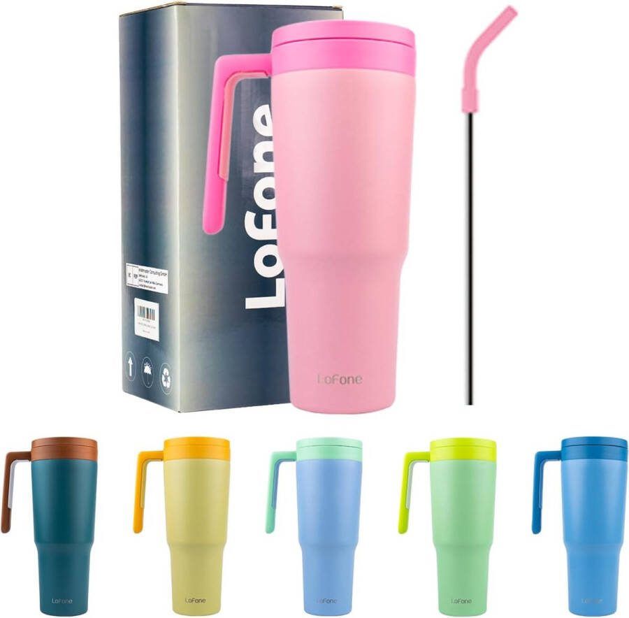 1180 ml koffiebeker to go drinkbeker met rietje handvat en deksel 304 roestvrij staal vacuüm geïsoleerde beker voor auto kantoor warme en koude koffie water en thee BPA-vrij (roze)