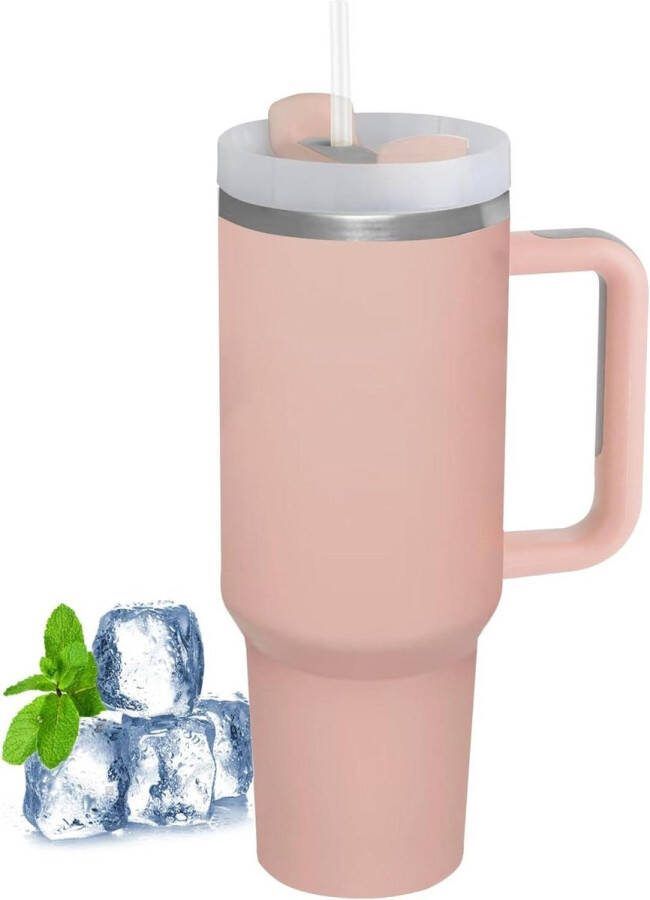 1180 ml thermobeker met rietje en handvat koffiebeker voor onderweg deksel dubbelwandige roestvrijstalen vacuüm-isolatie draagbare autobeker koude warme dranken roze