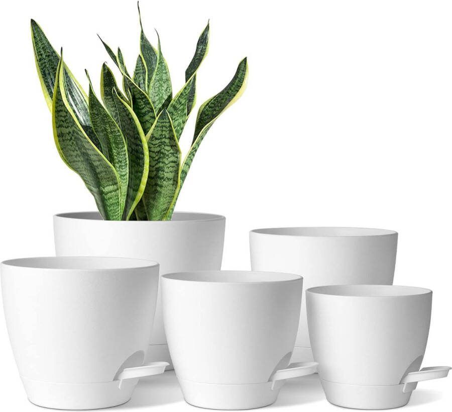 12 5 14 15 16 17 cm kunststof bloempot met bewateringssysteem set van 5 kruidenpotten zelfwatergevende plantenbak met schotel plantenpotten rond voor binnentuincactus wit