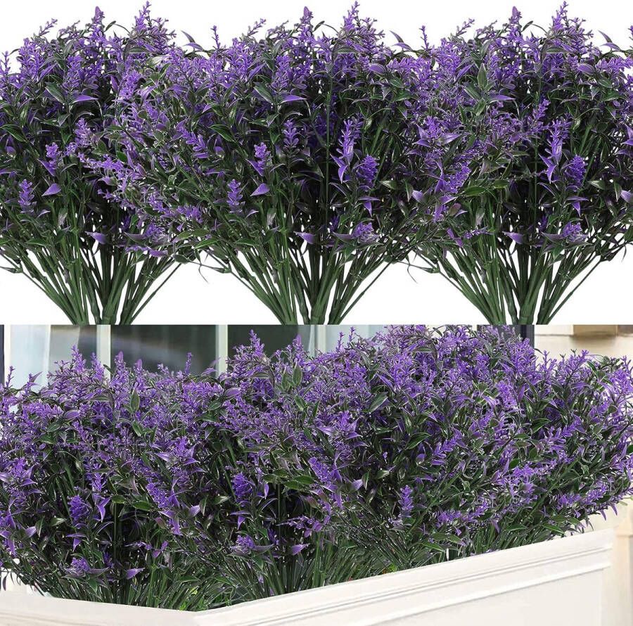 12 bundels kunstmatige lavendelbloem kunststof UV-bestendig buitenplant struik nep groene planten bloemen voor tuin veranda raam binnen buiten decoratie (paars)