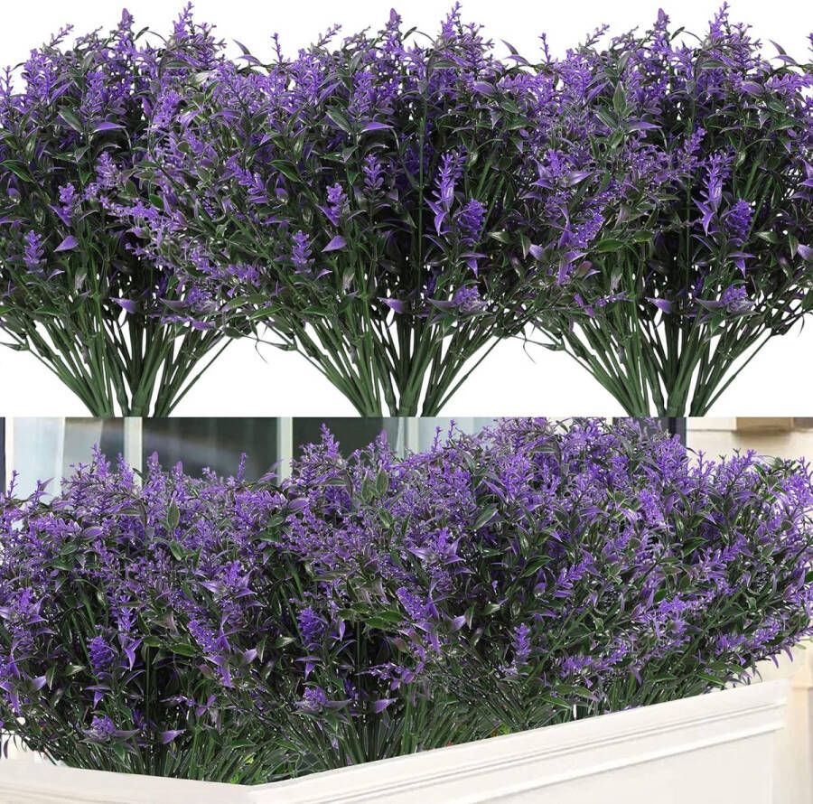 12 Bundels Kunstmatige Lavendelbloem Plastic UV-bestendige Buitenplant Struik Nep Groene Planten Bloemen voor Tuin Veranda Raam Binnen- en Buitenversiering (Paars)