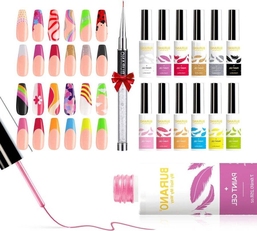12 Colors Gel Nail Art Liner with Nail Brush Line Art Gel Paint Pots UV LED Lamp Required 04