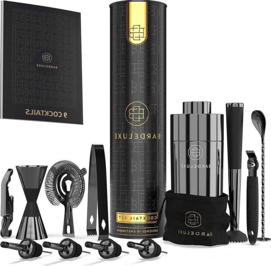 12-Delig Cocktail Shaker Set 750 ml Roestvrij Staal Inclusief Luxe Geschenkdoos Opbergtasje & Receptenboek Zwart cocktail shaker rose gold